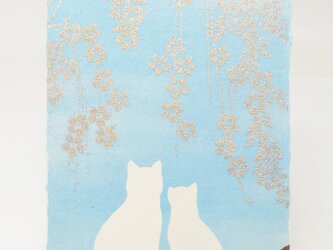 ギルディング和紙葉書　昼桜と猫たち　金銀の画像