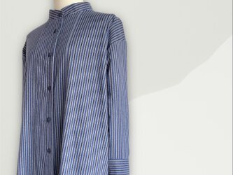 暖かバンドカラー　ワンピース【送料無料】着物リメイク　ブルーの画像