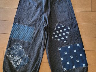 着物リメイク　古布　手作り　木綿　に　絣パッチ　パンツの画像