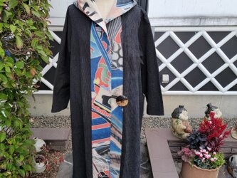 着物リメイク　古布　手作り　細かい縞　に　のぼり　フード付きコートの画像
