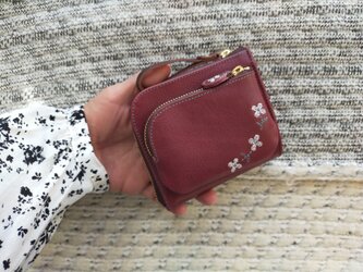 刺繍革財布『hana＊hana』深紅（牛革）二つ折り財布☆L字ファスナー☆の画像