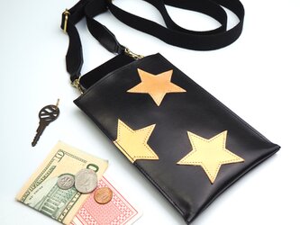 スリム スマホポシェット（星 パッチワーク/ ブラック）スマホショルダー 牛革の画像