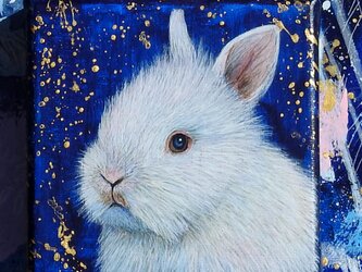 ミニアート「white rabbit」ウサギ　アクリル画　原画　送料無料の画像