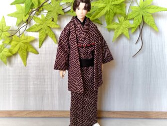 「紗綾型…深紫」28cm男子ドール着物＆羽織の画像
