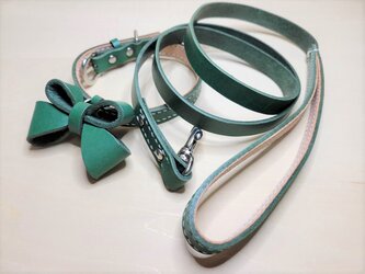 本革製　小型犬向き　【リード＋リボン付き首輪】Set (グリーン）の画像