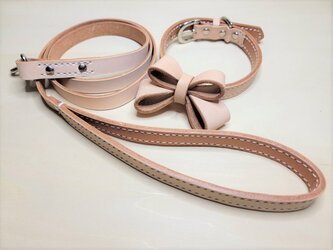 本革製　小型犬向き　【リード＋リボン付き首輪】Set (ナチュラル）の画像