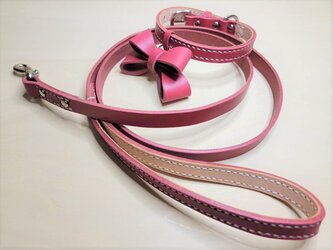 本革製　小型犬向き　【リード＋リボン付き首輪】Set (ダークピンク）の画像