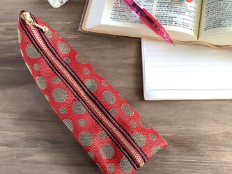 【水玉】畳縁　テトラ型　ペンケース　赤×金　クリスマス　新年　キラキラの画像