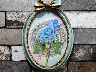 原画 1点もの 青い薔薇 薔薇の絵 バラ 額装付き ボールペン画 日本人作家 絵画 絵 額入り アート インテリア 現代アートの画像