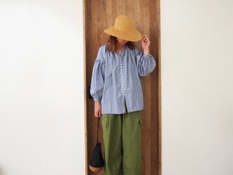Organic cotton stripe button gather blouse BLUEの画像