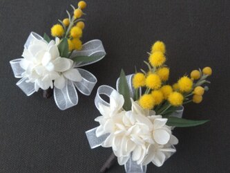 親子コサージュ ハンドメイド ミモザ&白アジサイ 卒業式 入学式 発表会の画像