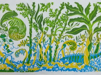 型染めてぬぐい「シダの森」（イエロー）＊地染めあり(薄いグレー）（綿100％・手染め捺染）の画像