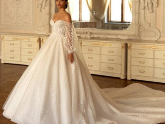 憧れのドレス ウエディングドレス ベアトップ 取り外し袖 キラキラチュール プリンセスライン花嫁結婚式ランタンスリーブの画像