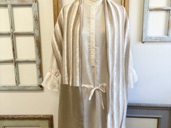 セール価格★春の肩がけ＆ストール❤️ボーダー柄切り替えしコットンストール（ベージュ）の画像