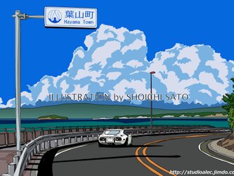 版画作品　湘南イラスト「長者ヶ崎の向こうに」　（長者ヶ崎のコーナーを駆け抜けるトヨタ2000GT ）の画像