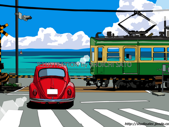 版画作品　湘南イラスト「いつかの海岸線３」　フレーム（額）入り　（鎌倉高校前踏切の江ノ電と赤いワーゲン・ビートル）の画像