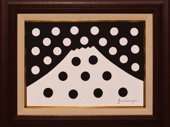 ●【雪のドット＆白富士】○がんどうあつし肉筆絵画アクリルF4ブラウン額付冬富士山の画像