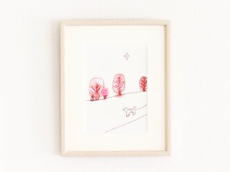 原画「春の散歩道」水彩イラスト ※木製額縁入りの画像