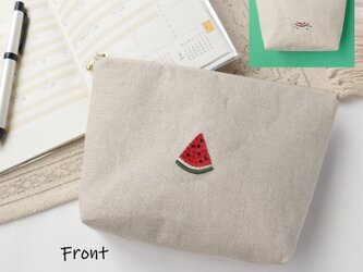 すいか　リネンの手刺繍ファスナーポーチの画像
