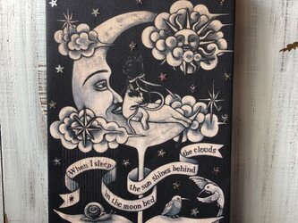 星月猫★アート「月のベッドで眠る頃太陽は雲の奥で輝く」絵画 木製パネル貼り SMサイズ複製画「003」猫の画像