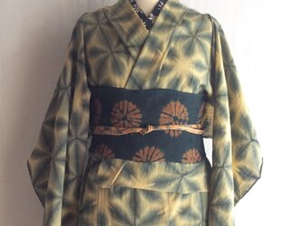 麻混スラブ知多木綿反物13ｍ　黒の雪花絞り　地色 エンジュ　未仕立ての画像