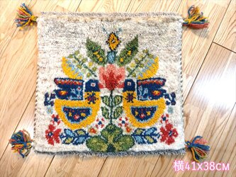 春 入荷】ペルシャ　ギャッベ　ミニマット　41x38cm　 アイボリー　グレー　鳥　花の画像