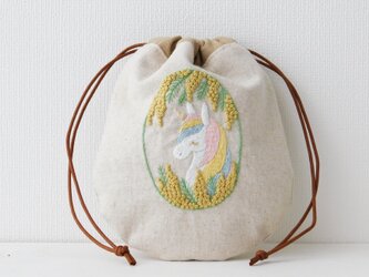 ミモザとユニコーン　刺繍巾着　【受注製作】の画像