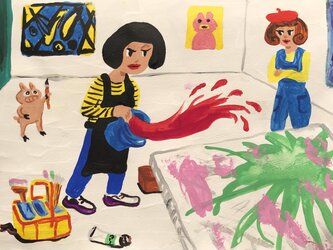 抽象画を描くおかっぱこちゃんの画像