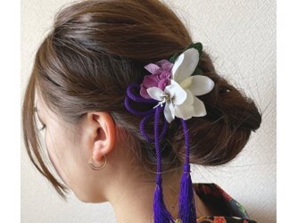 艶っぽい大人の髪飾り　ヘアクリップ　蘭　ちりめん　水引　卒業式　成人式　結婚式　和装　着物　袴　タッセルの画像