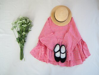 Linen gingham check gather blouse REDの画像