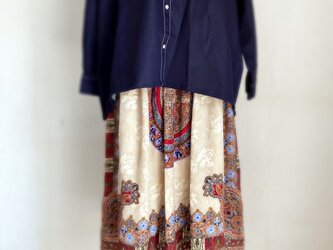 青アラベスク柄　シルクジャガード　 タックギャザースカートの画像