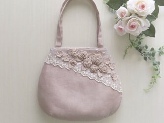 薔薇のクロッシェレース フレンチリネンのふんわりバッグ＊くすみピンク＊の画像