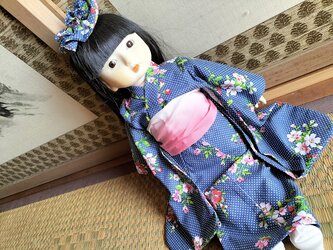 ドール背丈４３～４６ｃｍ用　ドット柄の浴衣と兵児帯の画像