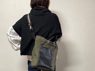 ヴィンテージミリタリーテント生地にメッシュレザーポケット2wayトートの画像