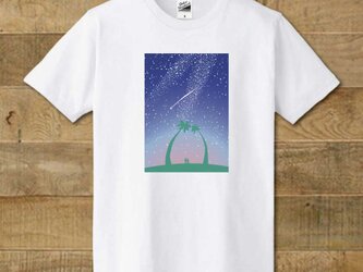 Tシャツ　南国イラスト　星空とヤシの木　「星降る夜に願いはひとつ」の画像