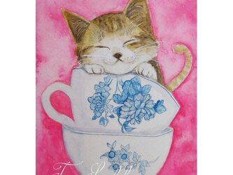 水彩画・原画「ティーカップと子猫」の画像