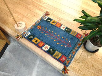 春　入荷】ペルシャ　ギャッベ　玄関マット　42x60.5cm 　ブルー　生命の木　パネル　S-E2の画像
