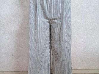 デニムワイドパンツ　ヒッコリーデニム　ワイドパンツ　九分丈　生成り×紺　ストライプ　Lサイズの画像
