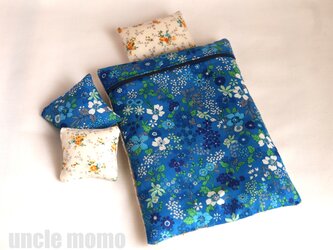 ドール用枕＆掛布団SS・シングル用（厚）フローラル（青い夢）　1/12ミニチュア・ファブリックの画像