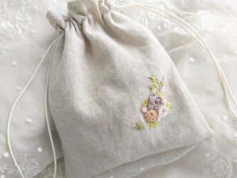 薔薇*リボン刺繍*巾着*ポーチ*リネン*ナチュラル*アンティークレースの画像