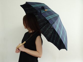 ブラックウォッチコットンリネン/バンブー持ち手日傘の画像