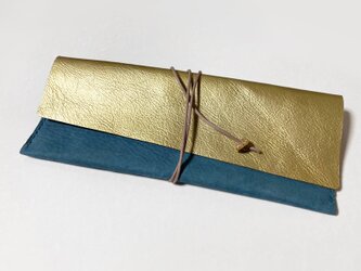 ヌバック牛革と山羊革のペンケース（ゴールド×ブルー）の画像