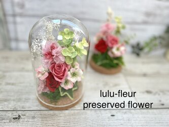 【母の日の贈り物】クリアガラスドーム　プリザーブドフラワーアレンジ　バラ　カーネーショ　薔薇　母の日花　フラワーギフト　の画像
