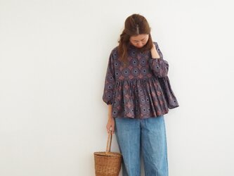◯◯pre-order◯◯Cotton linen batik print gather blouse PURPLEBROWNの画像