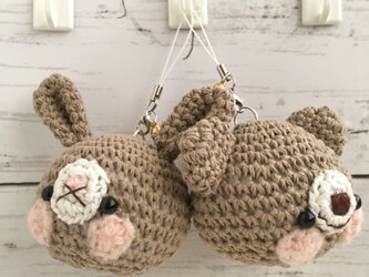 【リニューアル！】カフェオレ色クマとうさぎの顔(大) 鈴付きイヤホンジャックストラップの画像
