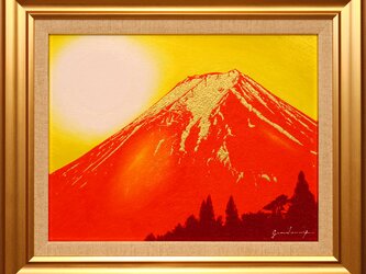 アトリエ富士吉田から金の赤富士●がんどうあつし絵画油絵F6号額縁付開運金運富士山の画像
