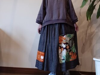着物リメイク☆カラフル野菜パッチ☆嬉し楽し大人スカート７９cm丈の画像