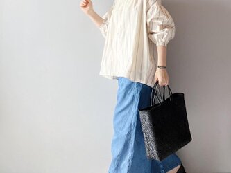 Organic cotton stripe button gather blouse OFF/Wの画像
