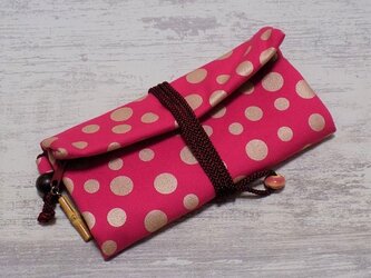 道中財布　ロールバッグ　オックス濃いピンク地製　水色　ドット　中色の画像
