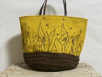 ボタニカル刺繍の黄色い帆布かばん（茶色麻編み）の画像
